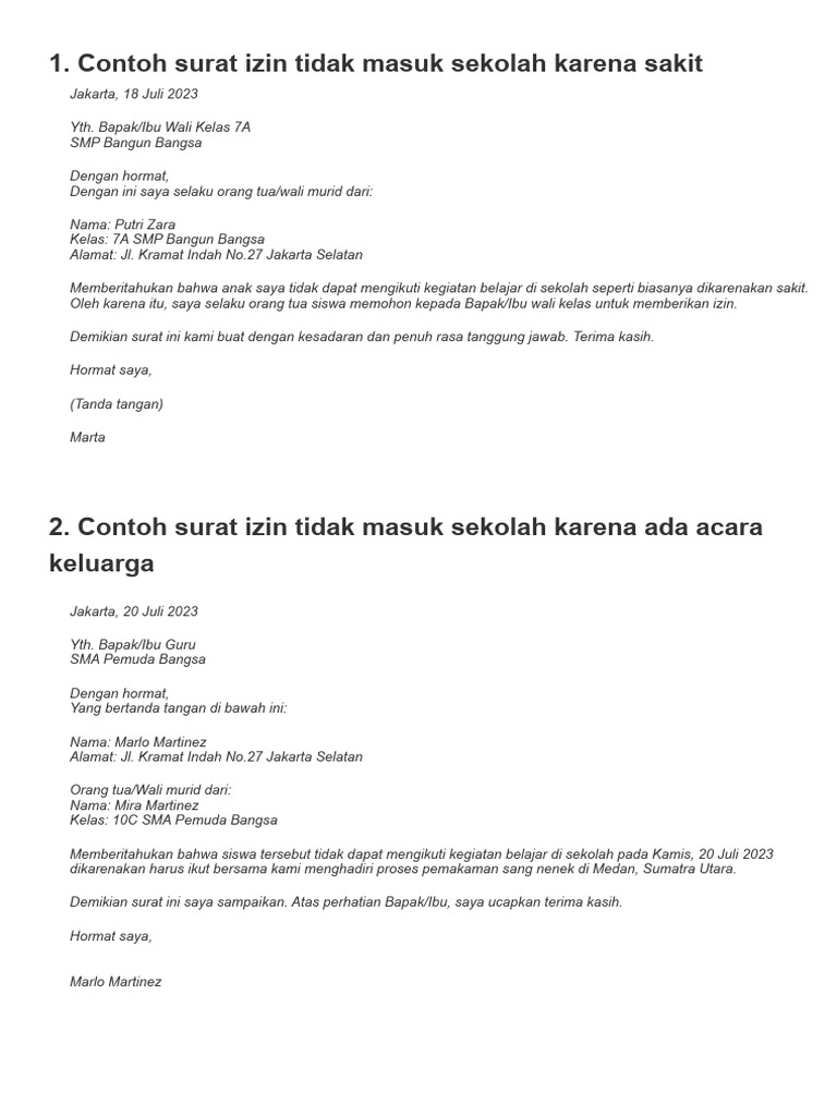 7 Contoh Surat Izin Tidak Masuk Sekolah Untuk Berbagai Alasan | PDF