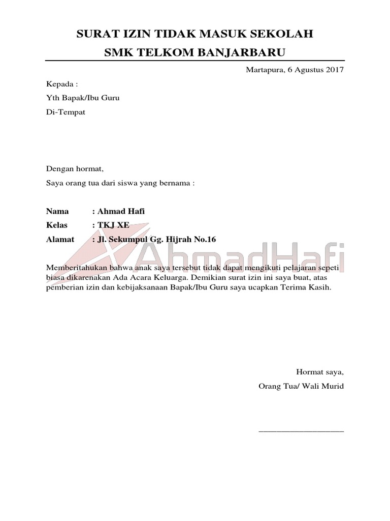 Surat Izin Tidak Masuk Sekolah | PDF