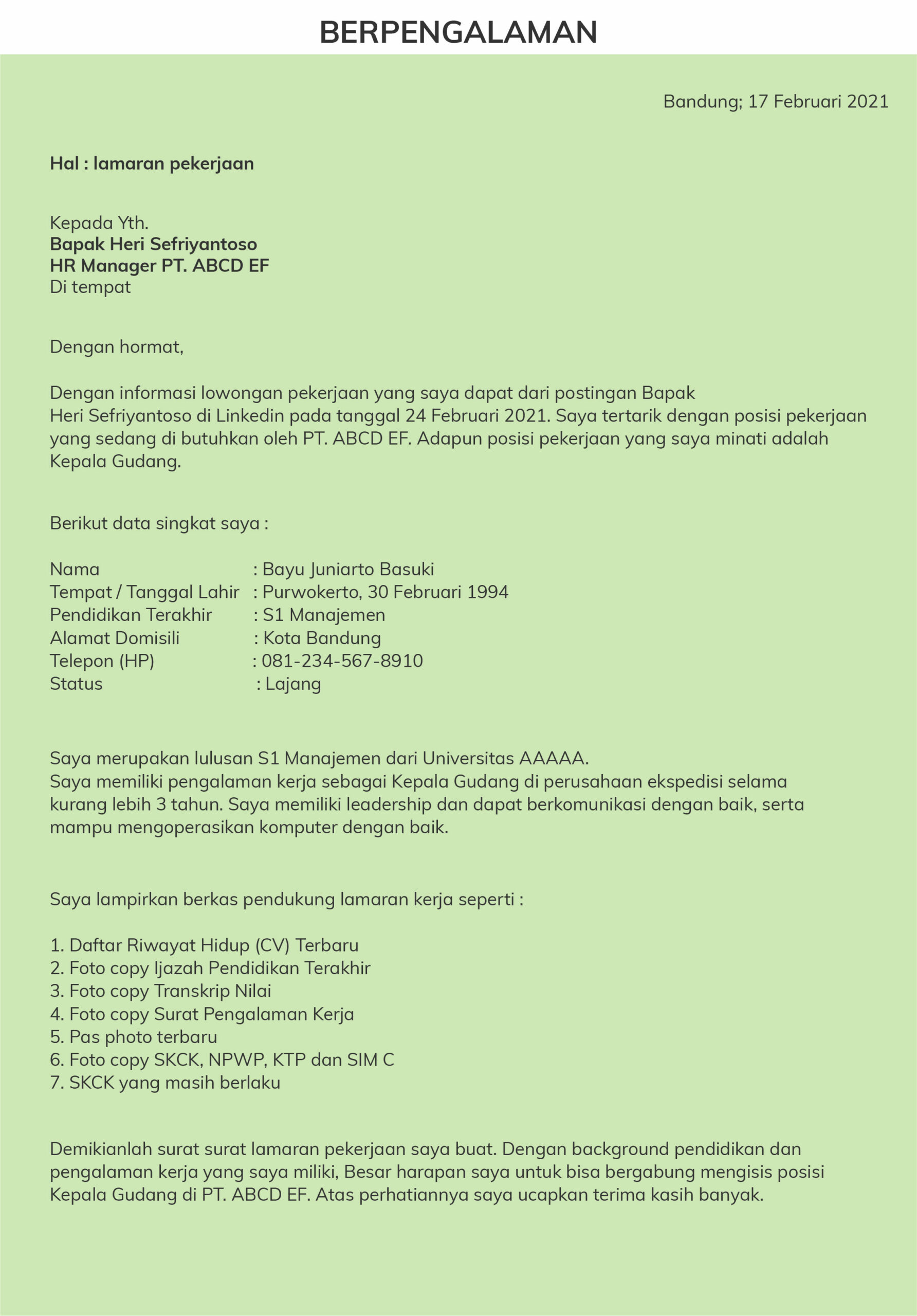 Contoh dan Cara Membuat Surat Lamaran Kerja Yang Benar dan Terbaru