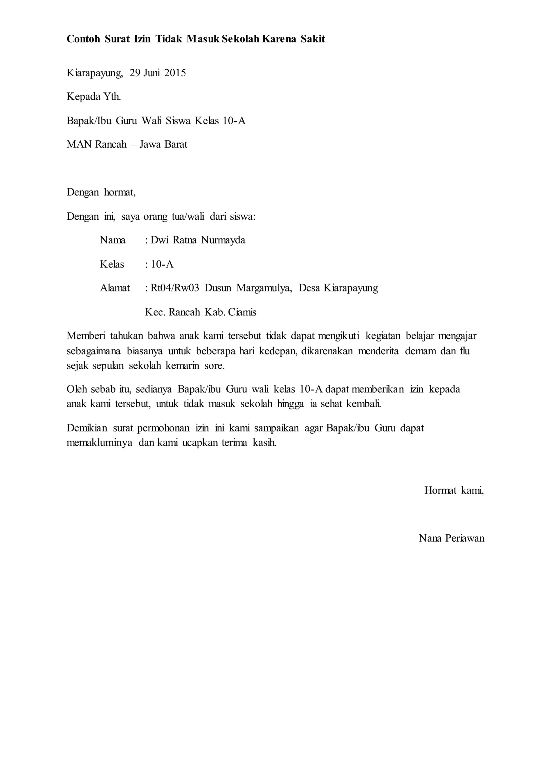 Contoh surat izin tidak masuk sekolah karena sakit | DOCX