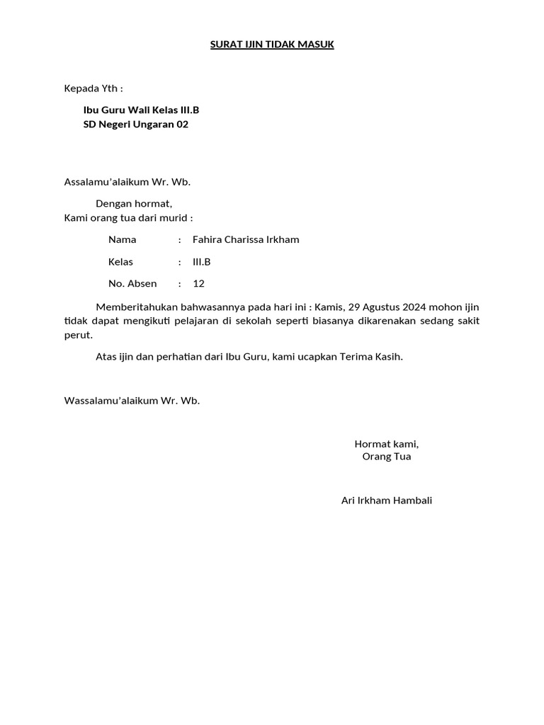 Surat Izin Tidak Masuk Sekolah SD | PDF